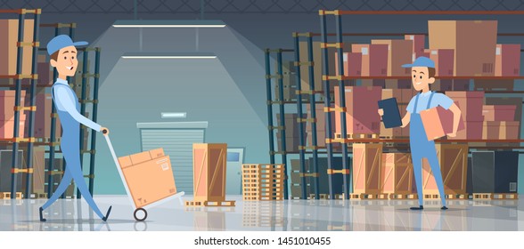 Warehouse interior. Big room with boxes on pallet shelves people loaders working vector inside of warehouse. Storage package box, interior with pallet and large box illustration