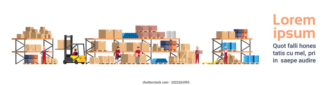 Warehouse Interior Box On Rack And People Working. Logistic Delivery Service Concept Template Background With Copy Space Flat Vector Illustration