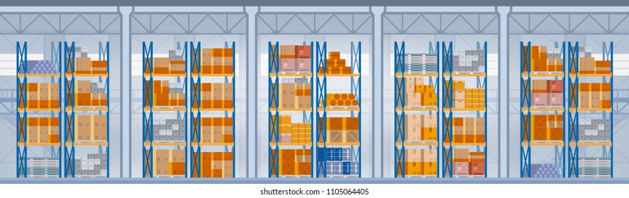 Warehouse Interior Box On Rack. Logistic Delivery Service Concept. Horizontal Banner. Flat Vector Illustration