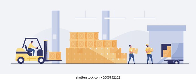 Warehouse Interior with Boxes On Rack And People Working. Logistic Delivery Service Concept. vector illustration