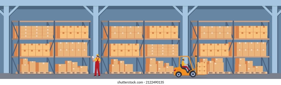 Warehouse Interior with Boxes On Rack And People Working. Logistic Delivery Service Concept. Vector illustration