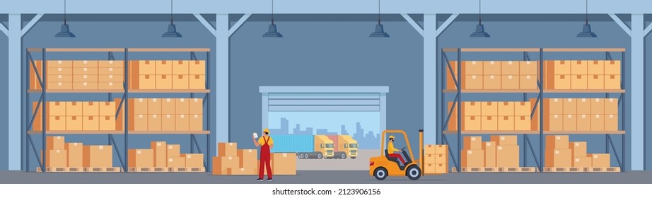 Warehouse Interior with Boxes On Rack And People Working. Logistic Delivery Service Concept. Vector illustration