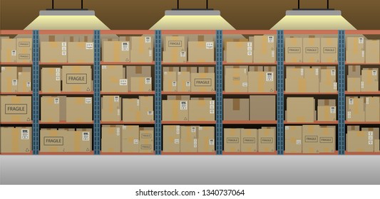 Warehouse interior with boxes on racks flat design vector illustration