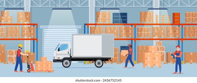 Warehouse interior with cardboard boxes and cargo truck. Staff surrounded by boxes on rack and transport of storehouse interior. pallet trucks, forklift truck. Vector illustration in flat style