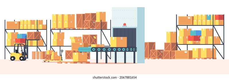 Lager Inneneinrichtung mit Pappschachteln auf Racks, Gürtel und Gabelstapler. Roboter-Storehouse mit Waren, Fracht und Parzellen. Automatisierter Lader im Speicherraum. Cartoon-Vektorgrafik