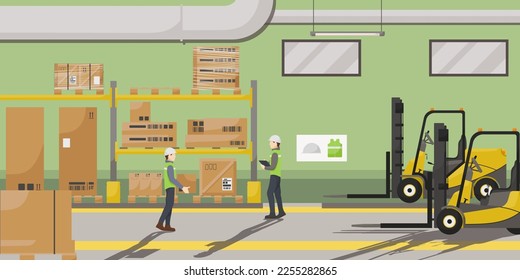 Warehouse interior with cardboard boxes on metal racks and pallet truck. Two staff in green uniform at storage house working on forklift truck. Logistic business concept banner. Vector illustration