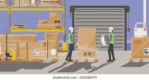 Warehouse interior with cardboard boxes on metal racks and pallet truck. Staff men in green uniform and white helmet package box by film on pallet. Cargo business concept banner. Vector illustration