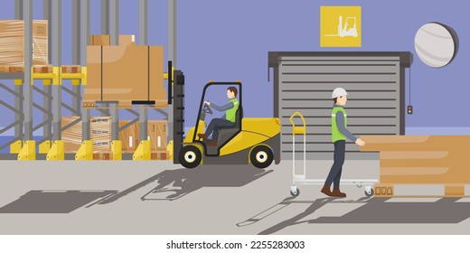 Warehouse interior with cardboard boxes on metal racks and pallet truck. Staff in green uniform at storage house working on forklift truck. Cargo, logistic business concept banner. Vector illustration