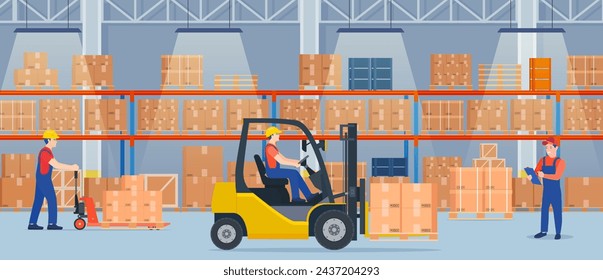 Warehouse interior with cardboard boxes on metal racks. Warehouse interior with goods, pallet trucks, forklift truck and container package boxes. Vector illustration in flat style