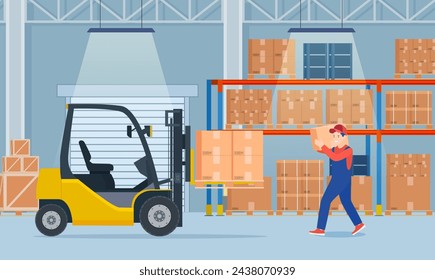 Interior de almacén con cajas de cartón en estanterías metálicas. Interior de almacén con mercancías, transpaletas, carretillas elevadoras y cajas de embalaje de contenedores. Ilustración vectorial en estilo plano