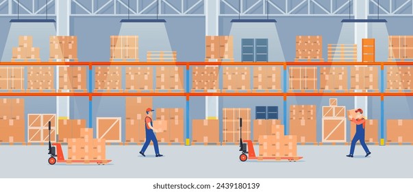 Interior de almacén con cajas de cartón en estanterías metálicas y personas trabajadoras. Interior de almacén con mercancías, transpaletas y cajas de embalaje de contenedores. Ilustración vectorial en estilo plano