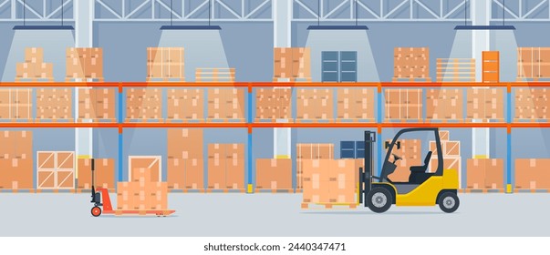 Warehouse interior with cardboard boxes on metal racks. Warehouse interior with goods, pallet trucks, forklift truck and container package boxes. Vector illustration in flat style