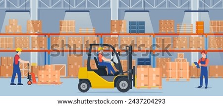 Warehouse interior with cardboard boxes on metal racks. Warehouse interior with goods, pallet trucks, forklift truck and container package boxes. Vector illustration in flat style