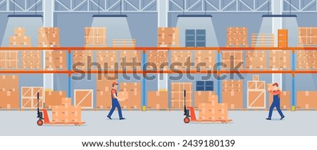 Warehouse interior with cardboard boxes on metal racks and working people.. Warehouse interior with goods, pallet trucks and container package boxes. Vector illustration in flat style