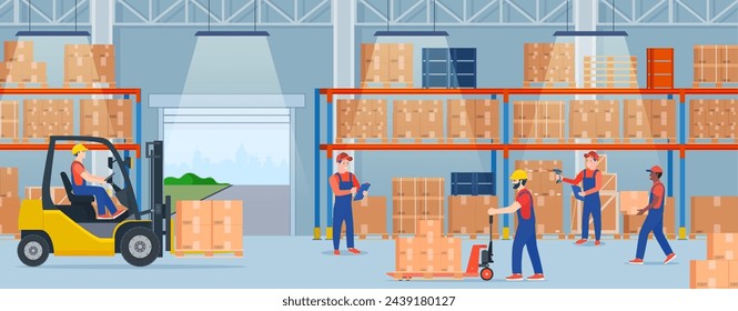 Warehouse interior with cardboard boxes. Staff surrounded by boxes on rack and transport of storehouse interior. pallet trucks, forklift truck. Vector illustration in flat style