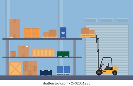 Warehouse interior with cardboard and forklift object Flat design style background