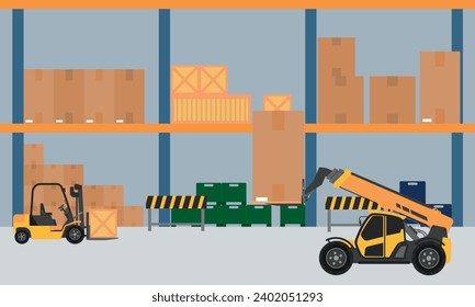 Warehouse interior with cardboard and forklift object Flat design style background