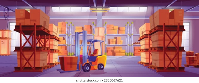 Warehouse interior with cardboard and wooden boxes and containers on pallets, filled shelves and racks, electronic forklift. Cartoon vector of storage room with goods for logistic and delivery concept