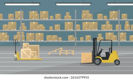 Warehouse interior with a cargo trolley and a forklift. Shelves with boxes and pallets. Logistics.