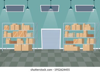Interior de almacén al estilo de caricatura con cajas, contenedores de madera, paquetes construyendo dentro. Estantes y puertas de la industria, servicio logístico vacío