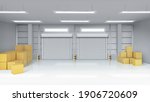 Warehouse interior with closed gates and cardboard boxes. Vector realistic illustration of empty storage room in store, factory or workshop with rolling shutter on doors