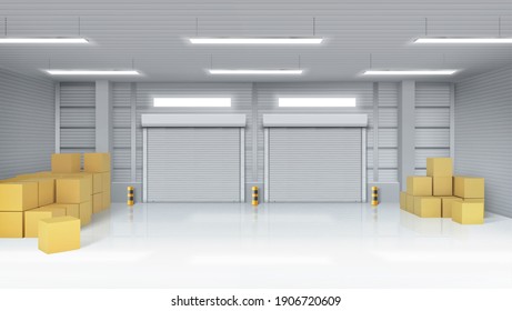 Warehouse interior with closed gates and cardboard boxes. Vector realistic illustration of empty storage room in store, factory or workshop with rolling shutter on doors