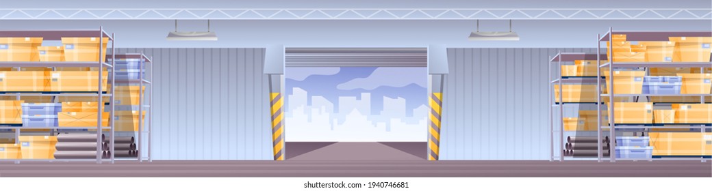 Warehouse interior design background. Storage hangar horizontal panorama with boxes and pallets on shelves in rows and entrance door vector illustration. Goods in stockroom in packages.