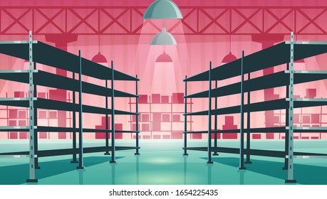 Warehouse interior with empty metal racks. Vector cartoon illustration of storage room interior with shelves for stock, cargo, goods. Storehouse in store, garage, market