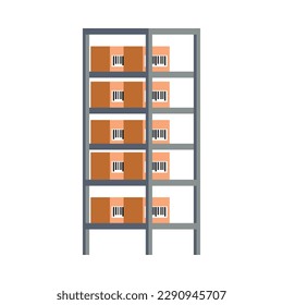 Warehouse interior flat icon with cardboard boxes with barcodes on metal rack vector illustration