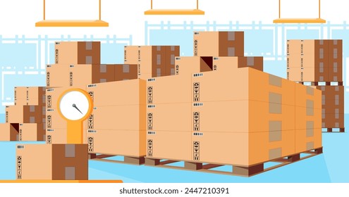 Interior del almacén con cajas de paquete de mercancías y contenedores. Juego de cajas de cartón apiladas. Embalaje de entrega de cartón Caja abierta y cerrada con signos frágiles. Ilustración vectorial en estilo plano