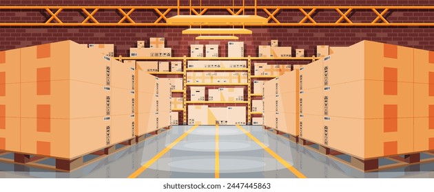 Interior del almacén con cajas de paquete de mercancías y contenedores. Juego de cajas de cartón apiladas. Embalaje de entrega de cartón Caja abierta y cerrada con signos frágiles. Ilustración vectorial en estilo plano