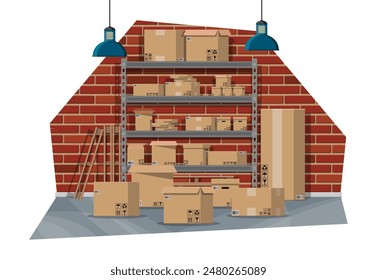 Warehouse interior with goods and container package boxes. Pile cardboard boxes set. Carton delivery packaging open and closed box with fragile signs. Vector illustration in flat style