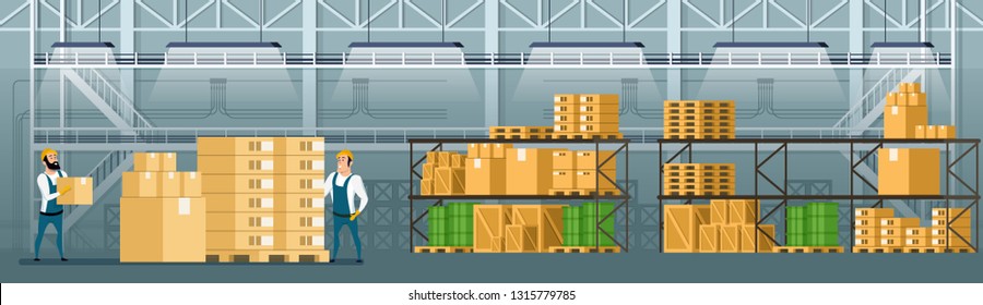 Warehouse Interior. Goods, Freight, Cargo on Shelf. Storage with Tank, Pallet, Container and Box. Professional Factory Worker Character in Overall Uniform Checking Package. Cartoon Vector Illustration