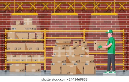 Warehouse interior with goods, mover and container package boxes. Pile cardboard boxes set. Carton delivery packaging open and closed box with fragile signs. Vector illustration in flat style