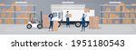 Warehouse interior with goods, pallet trucks and industrial workers. Vector