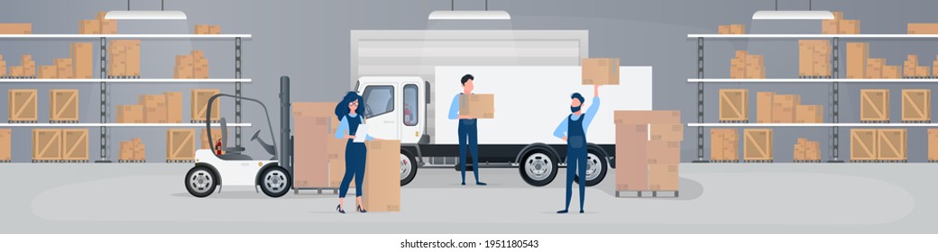 Warehouse interior with goods, pallet trucks and industrial workers. Vector