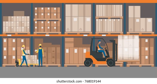 Warehouse interior with goods, pallet trucks and industrial workers