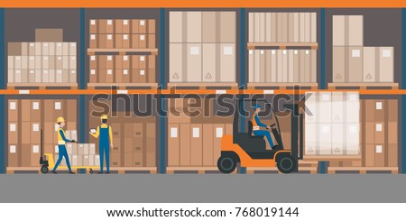 Warehouse interior with goods, pallet trucks and industrial workers