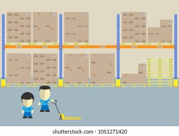 Warehouse interior with goods, worker and hand pallet, flat design style.