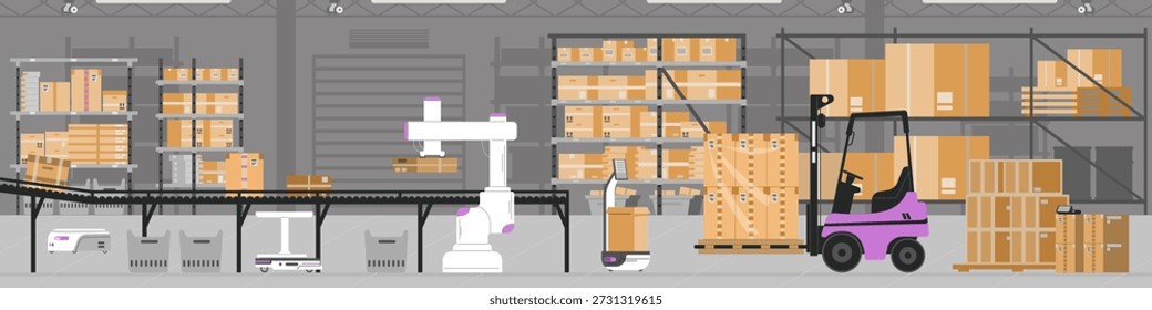 Warehouse interior horizontal panorama with racks with boxes, conveyor belt, robots, forklift with no people flat vector illustration.