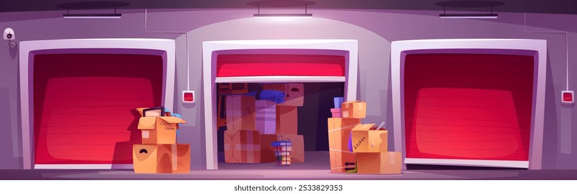 Warehouse interior with house stuff boxes. Vector cartoon illustration of open and closed storage facility gates, carton packages full of kitchen and living room things, stack of books, camera on wall