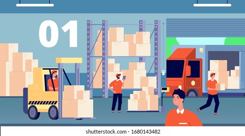 Warehouse interior. Large storage, people inside storehouse. Cargo pallet, workers and loader service. Logistic industry vector illustration