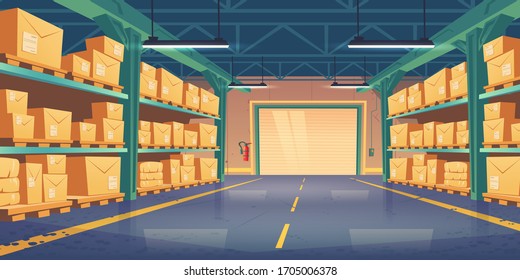 Warehouse interior, logistics, cargo and goods delivery postal service. Storehouse with rolling shatter gates and racks with parcels boxes on palettes perspective view, Cartoon vector illustration svg