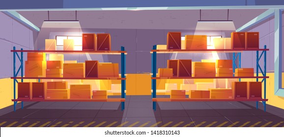 Warehouse interior, logistics. Delivery, cargo, goods postal service. Inner view of storehouse with racks filled boxes on palettes, equipment for storage products in stock Cartoon vector illustration.