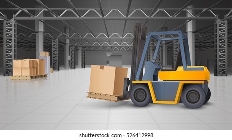 Warehouse Interior And Logistics Realistic Background With Forklift And Boxes Vector Illustration 