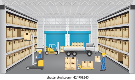 Warehouse Interior With Operator, Driver Or Worker To Lift Cargo Box On Pallet To Shelf Or Racking By Forklift. Vector Illustration Of Modern Building And Inventory Management System For Background.