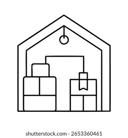 Warehouse interior outline with boxes a hanging light fixture in a minimalist style