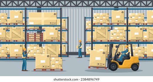 Warehouse interior with pallet racks with stacked boxes. Industrial worker driving a forklift. Forklift driving safety. Cargo and shipping logistics. Industrial storage and distribution of products