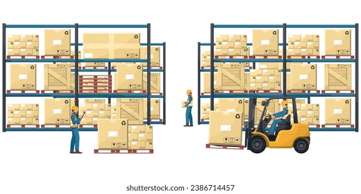 Warehouse interior with pallet racks with stacked boxes. Industrial worker driving a forklift. Forklift driving safety. Cargo and shipping logistics. Industrial storage and distribution of products