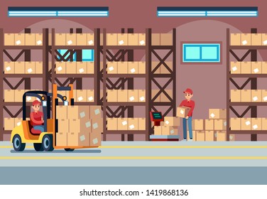 Warehouse interior. People loaders working in industry stockroom, transportation and forklift, delivery truck with pallet vector logistic concept